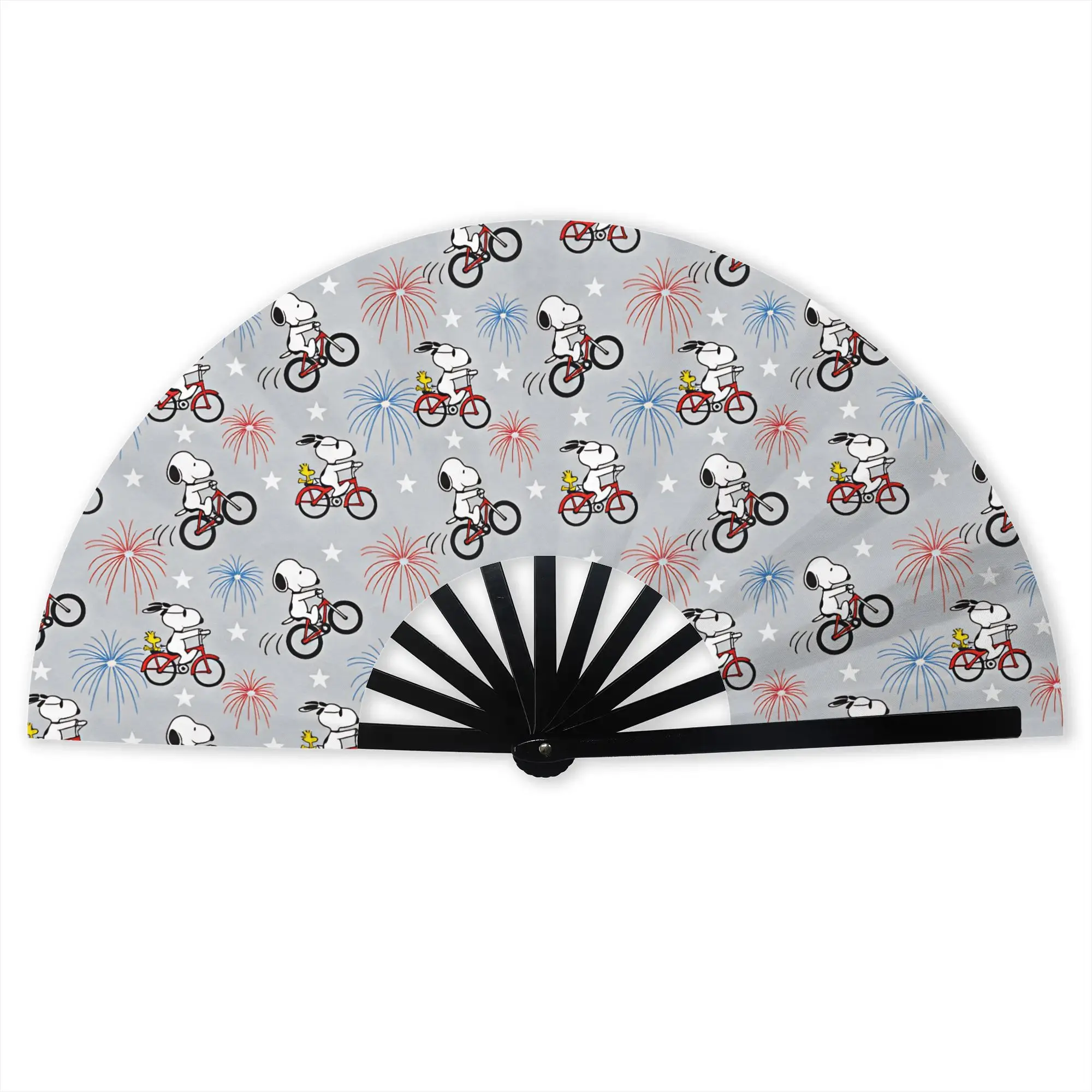 Abanico de Mano con Diseño de Snoopy y Woodstock en Bicicleta Roja, Abanico Unisex de Poliéster con Estampado de Perro Beagle, Estético, para Bailar, Regalo