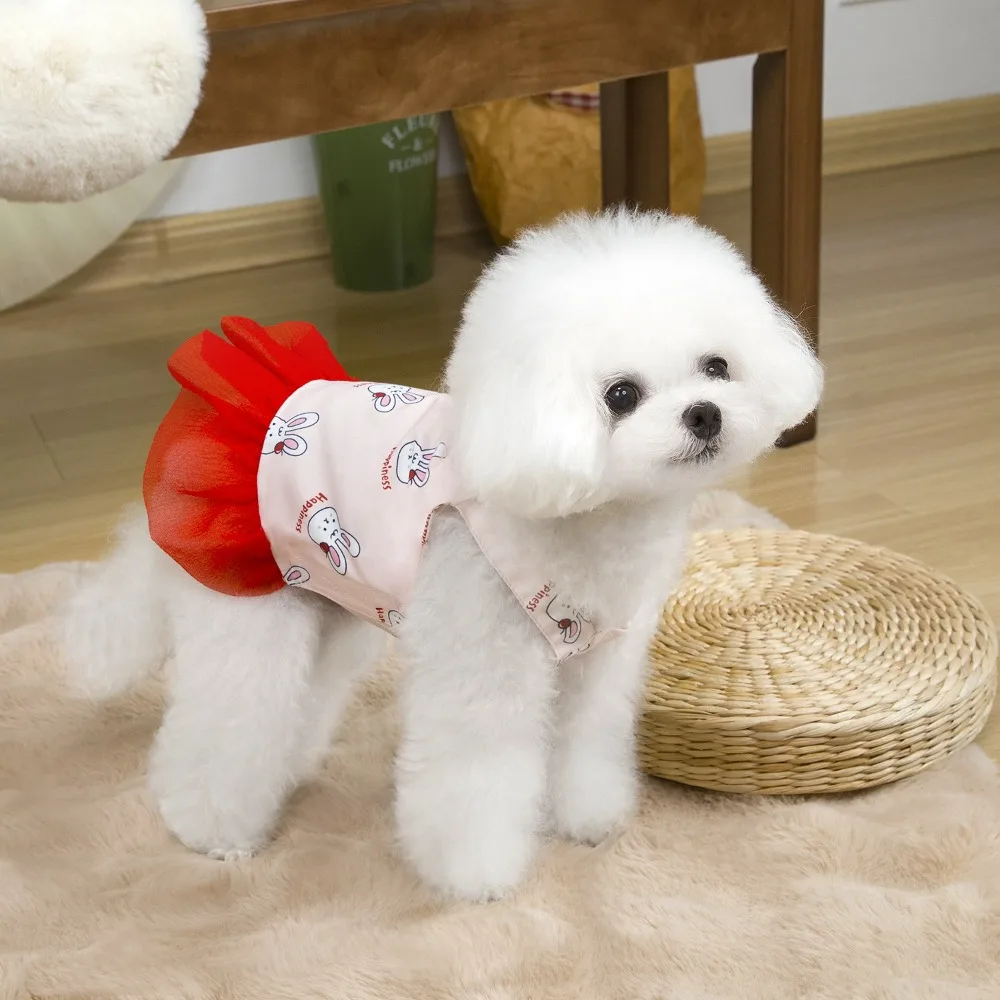 

Creative Cute Pet Halter Mesh Dress Rabbit Bear Print Comfortable Dog Princess Skirt Soft Breathable Pet Clothes Pet Supplies