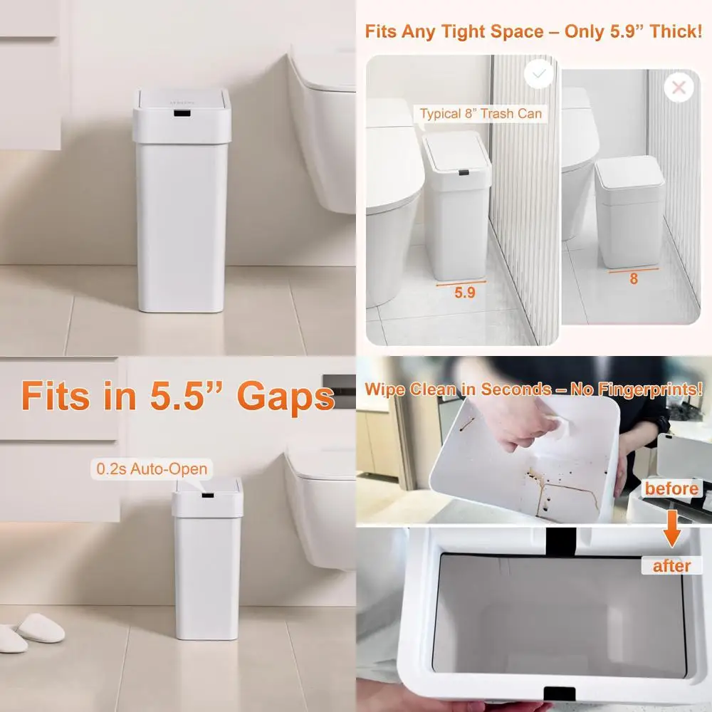 

9L Motion-Activated Trash Bin, Auto-Closing, IPX5 Water-Resistant, Slim for Kitchen & Office