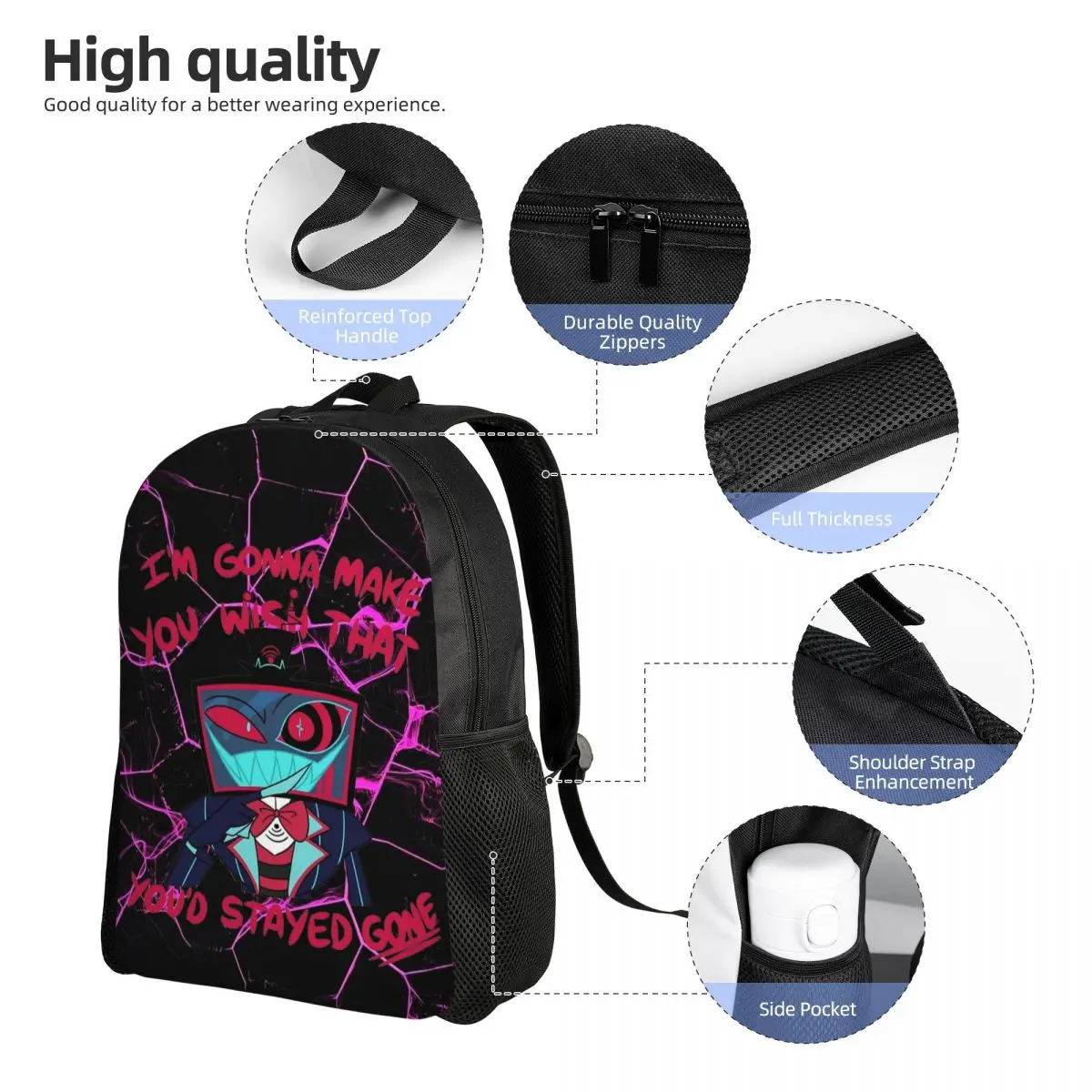 Vox stay Gone mochila Hazbin Anime Hotel Sport Backpacks para hombre Streetwear School Bags Colorful Big Rucksack