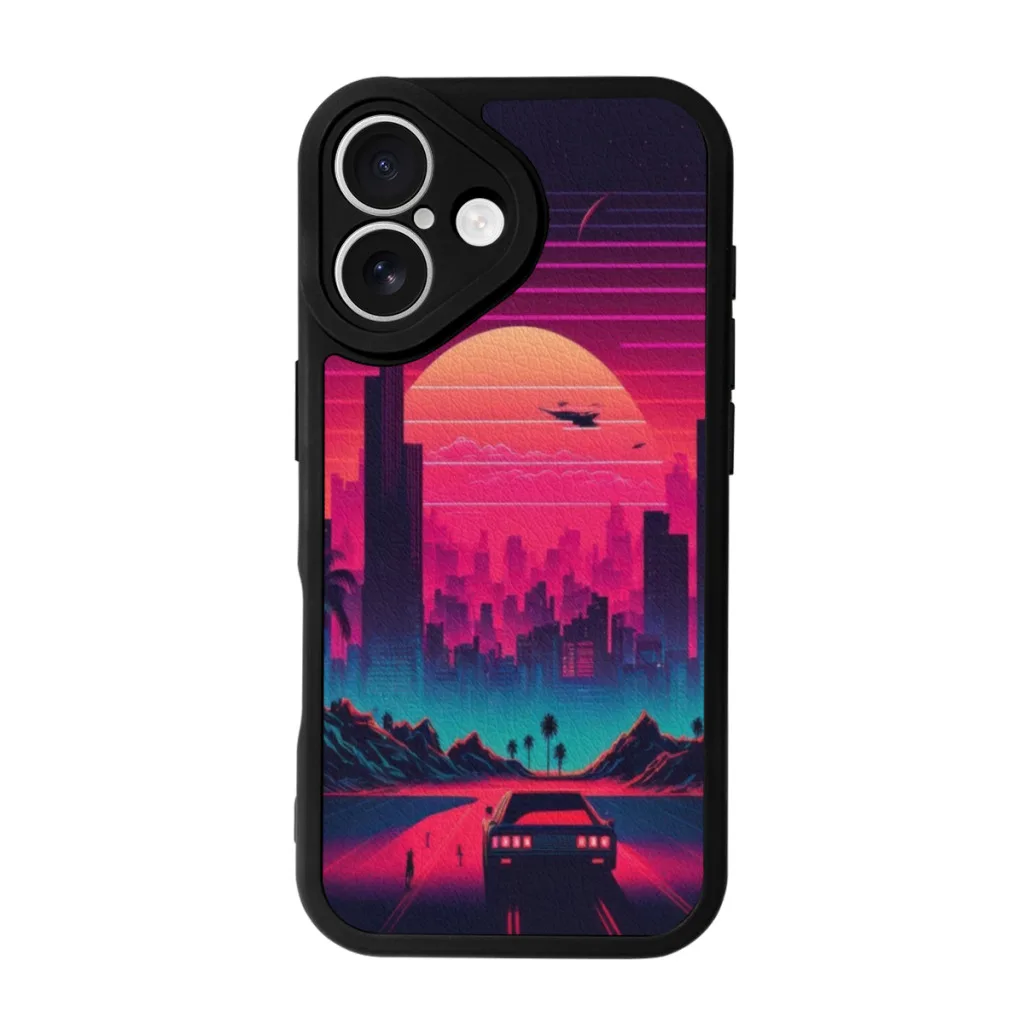 

Phone Case For iPhone 16 Pro Max Plus Silicone Skin Case Synth wave retro city landscape background at sunset