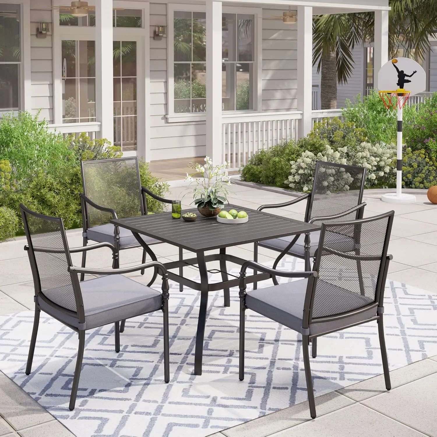 

5 Piece Patio Metal Dining Set, Outdoor Table and Chairs for 4, Powder-Coating Steel Chairs with 4" Thickened, Customized