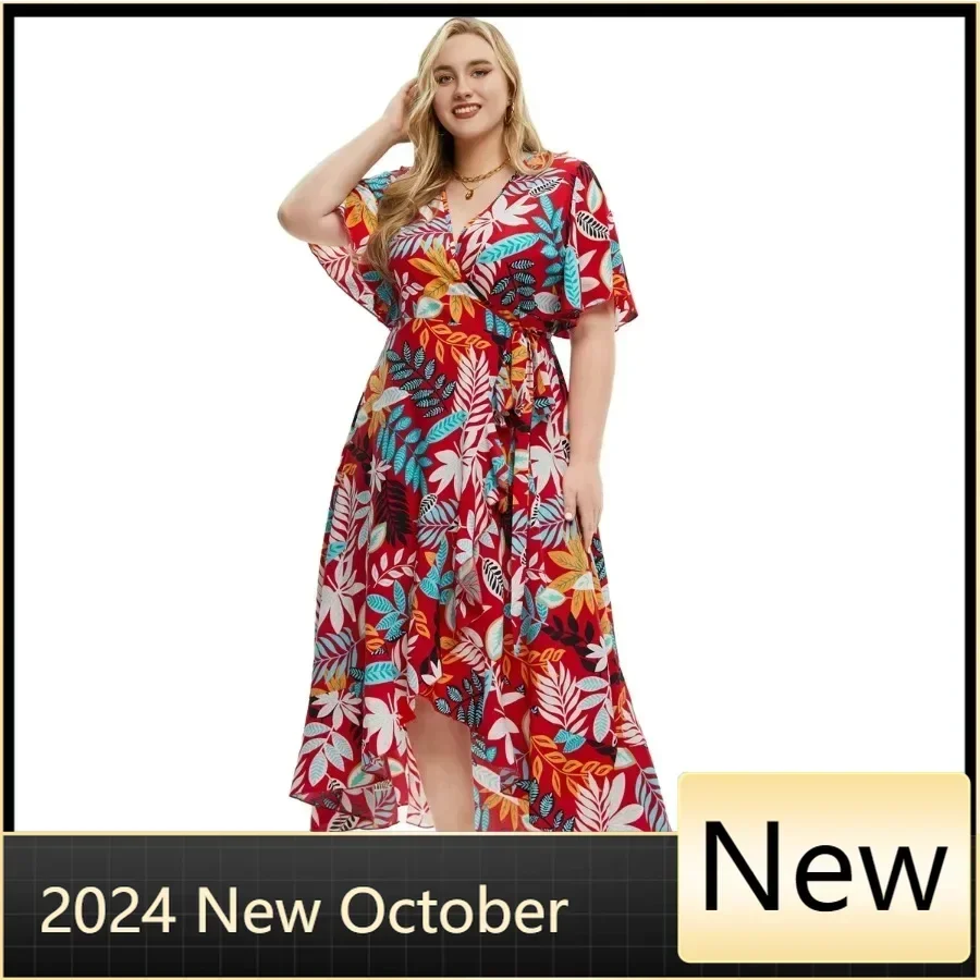 

Plus Size Floral Print Bohemian Summer Holiday Beach Wrap Dresses For Women