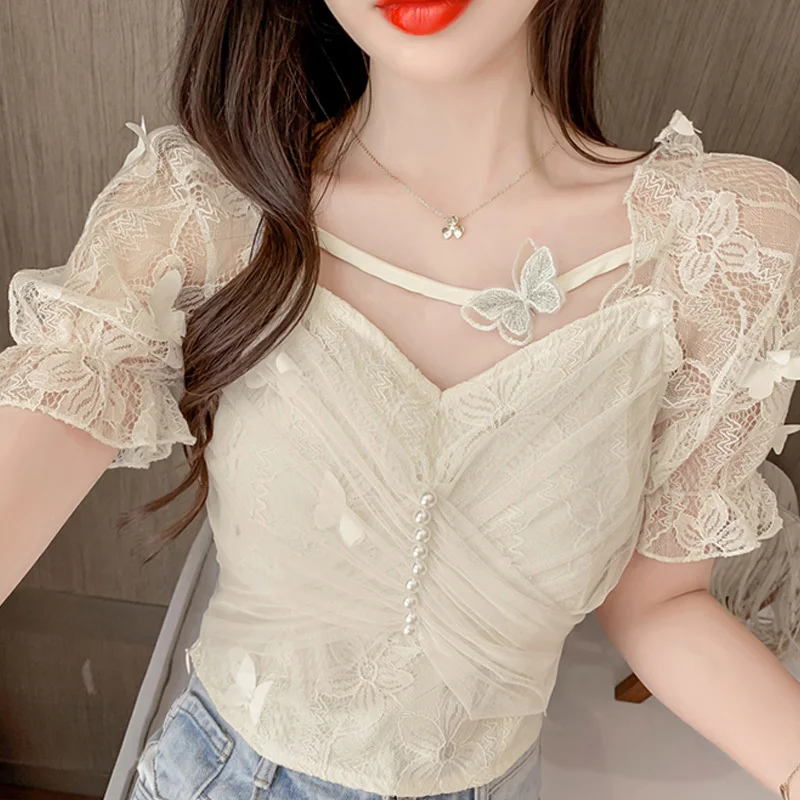 2023 Summer Puff Sleeve Off Shoulder Shirts Mesh Lace Bow Tops Sexy Sheer Buttoned Blouse For Women Blusa Mujer Blouses Ladies