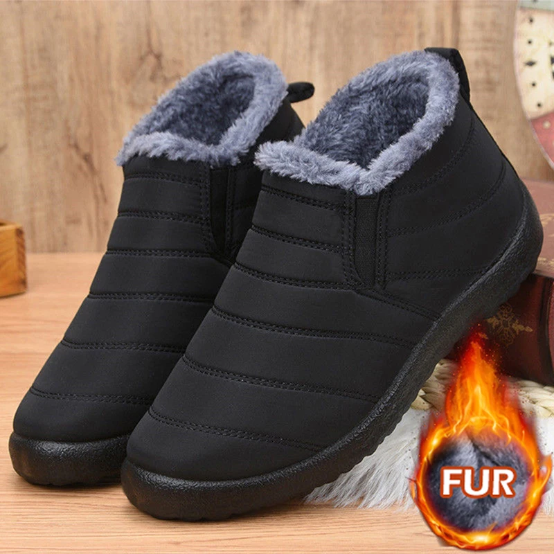 Botas de hombre para nieve, zapatos cálidos sin cordones para invierno, zapatos de piel para hombre, botines Unisex, calzado impermeable, zapatos de trabajo para hombre