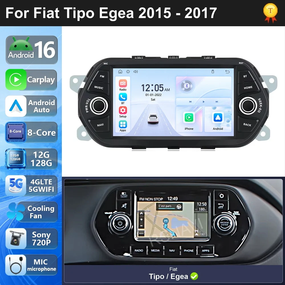 For Fiat Tipo Egea 2015-2017 ndroid 16 ar Multimedia Player GPS Navigation FM RDS USB Hands-Free CarPlay Android Auto DSP BT 4G