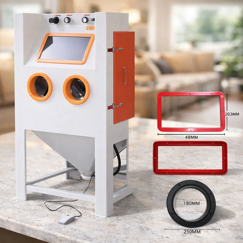 

Sandblasting Machine with Cabin, Retention Ring and Protective Gloves for Window Frames and Glass