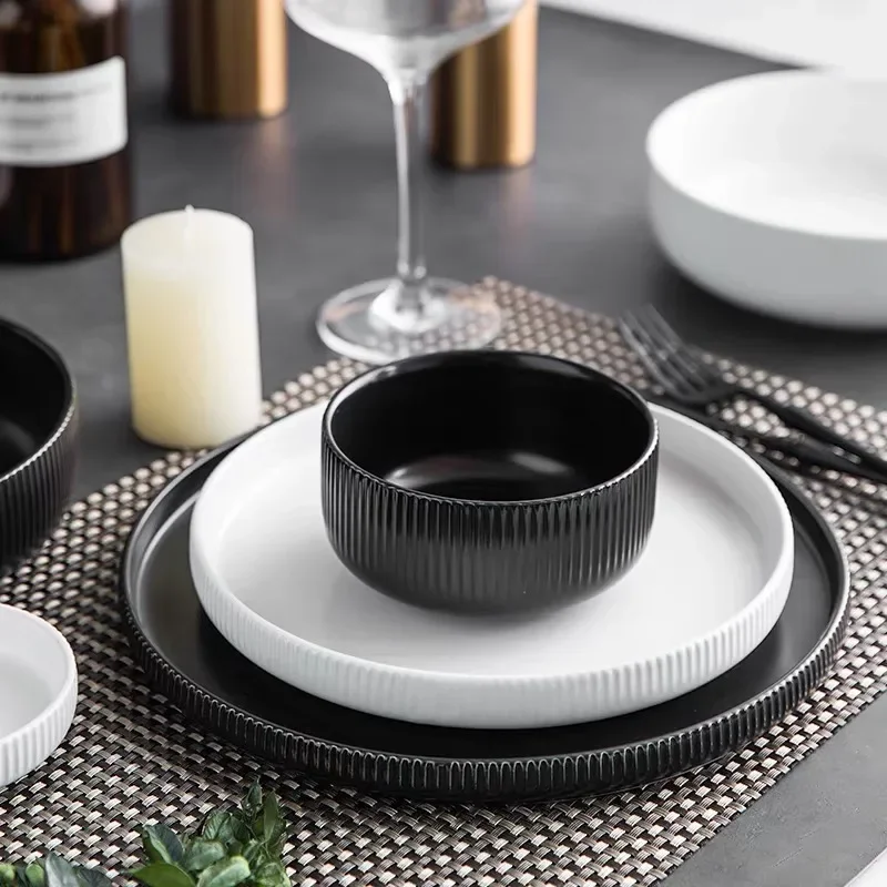 Nordic Black White Matte Ribbed Ceramic Dinnerware Set Dishes Salad Soup Bowl Flat Plates