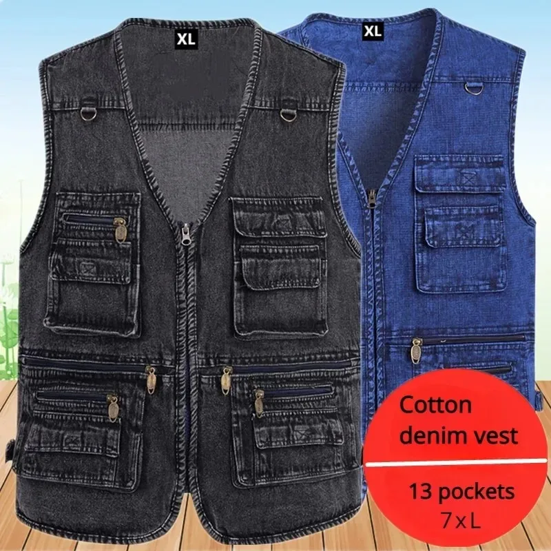 

Men‘s Cotton Denim Waistcoat Sleeveless Trucker Jean Multi-pocket Vests Outdoor Fishing Photography Leisure Casual 7XL Vest