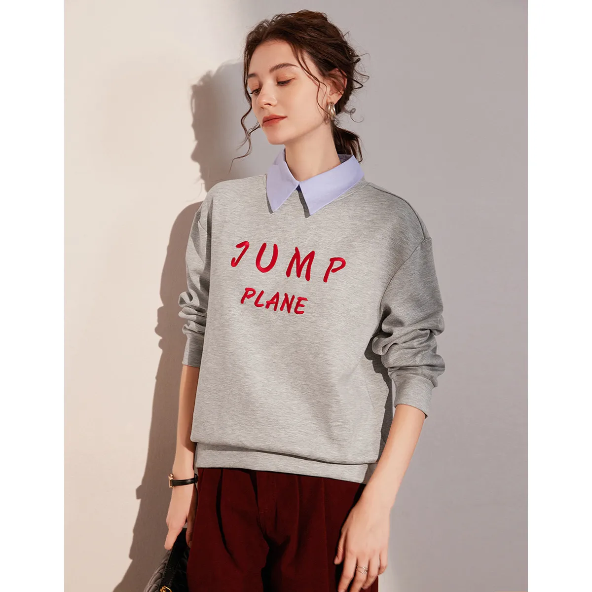 LOUIS YAO Letter Embroidered Fake Two Piece Sweatshirts 2025 Spring Autumn Women Top Falling Shoulder Long Sleeve Women's Hoodie
