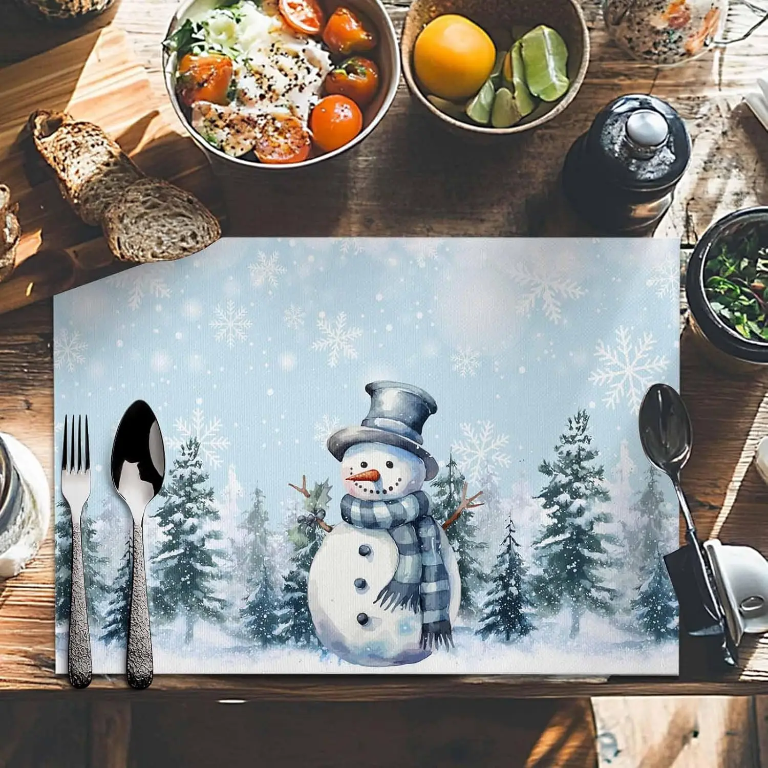 

Christmas Light Blue Snowman Table Mats for Kitchen Dining Table Decor Farmhouse Winter Holiday Placemats Christmas Decorations