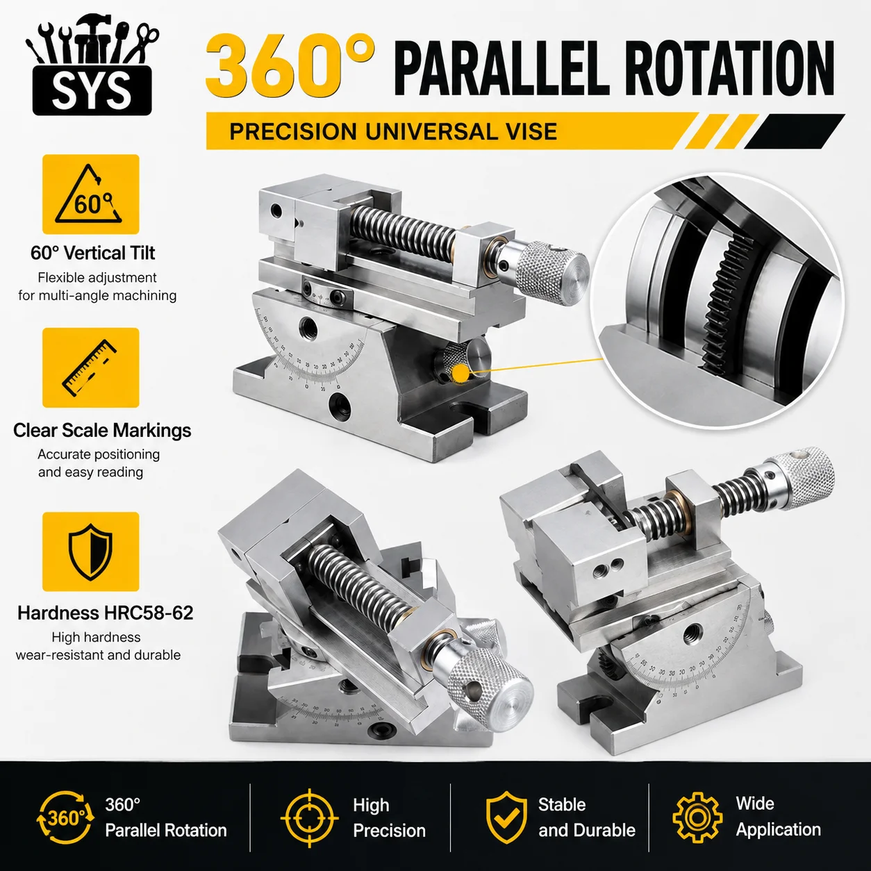 High Quality Universal Precision Vise 2-3 Inch 360° Rotating Flat Jaw Grinder Vise 50° Tilt Adjustable Angle Sine Tool 0.005mm