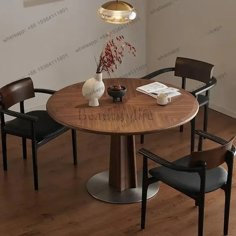 Круглый обеденный стол из цельного дерева в стиле ретро, итальянский паркет из черного ореха, домашний обеденный стол, французский круглый стол Decoración Hogar