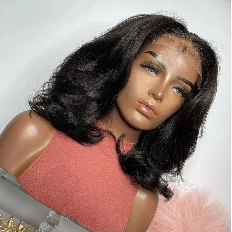 Preplucked Kinky Straight Wavy Yaki Wave Glueless Short Bob Natural Black Lace Front Wig Synthetic Baby hair Heat Resistant