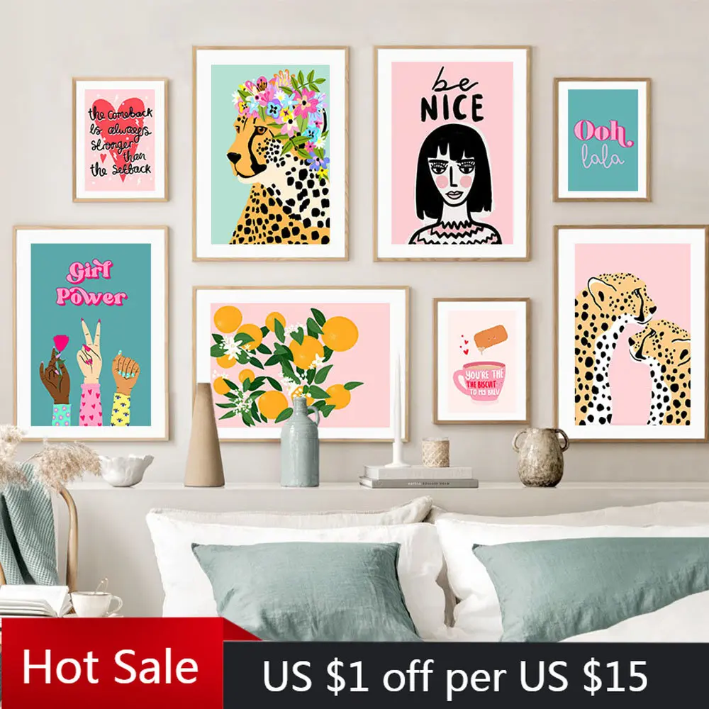 Floral Crown Cheetah Wall Art Print Girl Power Be Nice Face Quotes Canvas Painting Cartoon Poster Wall Pictures Living Room Deco