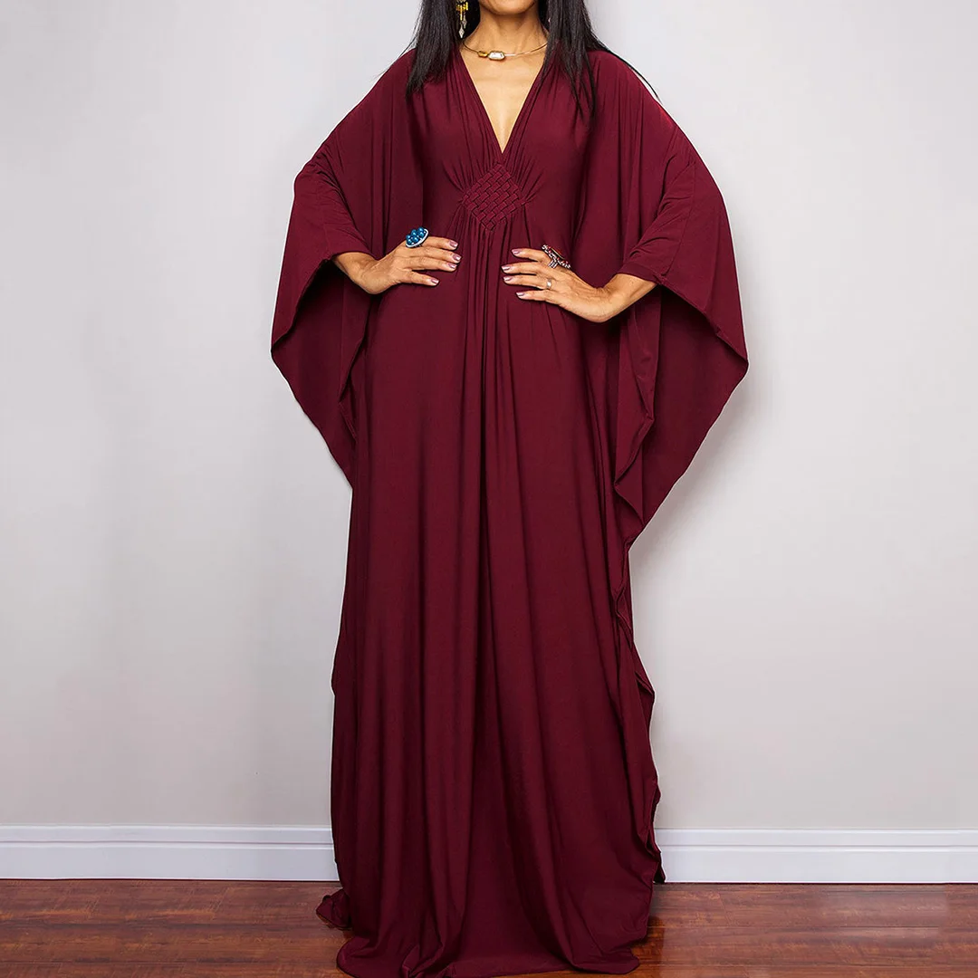 Langes Kleid im Stil einer griechischen Göttin, Tunika mit Fledermausärmeln, Strandkleid, Strandtuch, Strandmode, Kaftan, Maxikleid V4427 – Detail 17