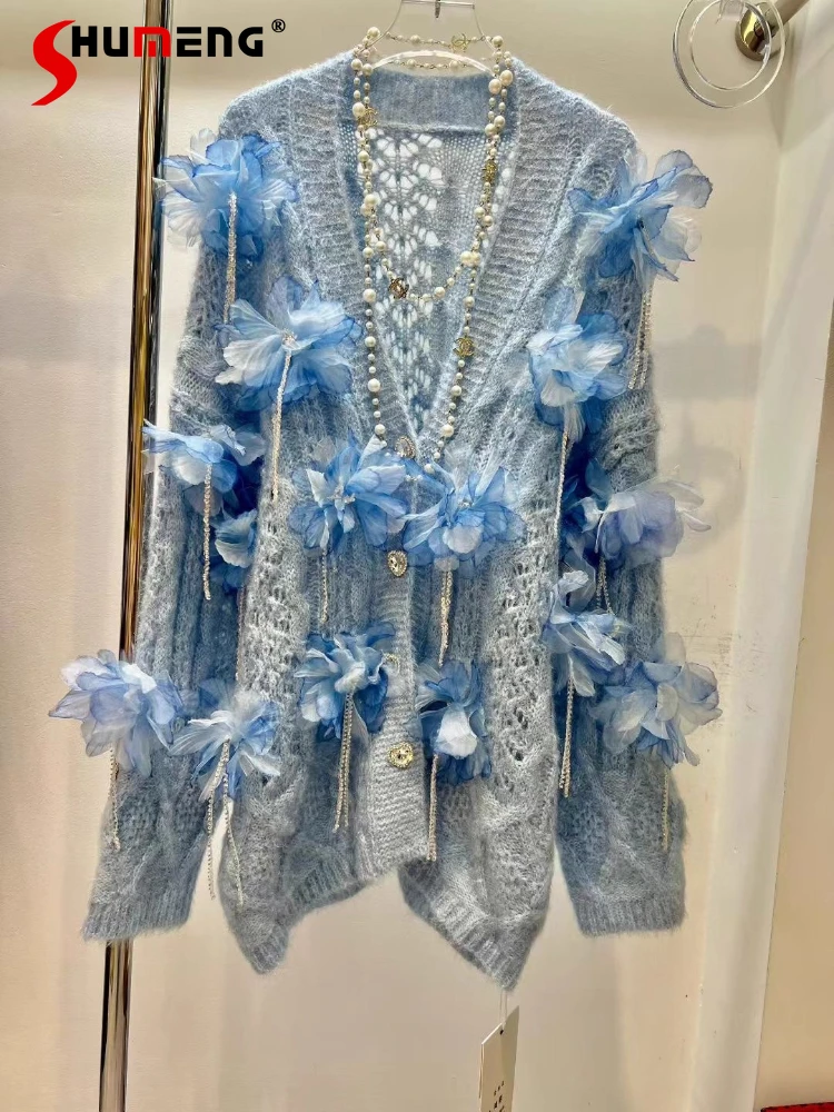 

Fashion Tassel 3D Flower Knitted Sweaters Women 2025 Autumn New Loose Comfort Knitwears Ladies Trendy Chic V-Neck Sweater Coats