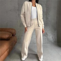 2025 Fashion Long-sleeved Zipper Top  Wide-leg Pants 2-piece Set Women Autumn Winter Solid Color Simple Casual Suit Female