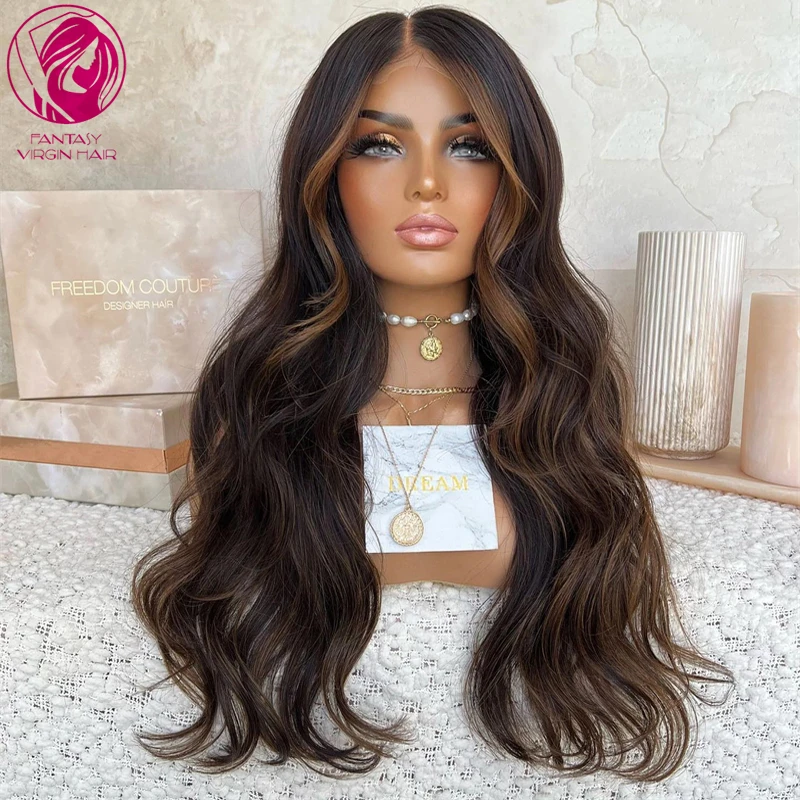 

Natural Black Brown Highlight Wig Human Hair Full Lace Wigs Body Wavy Glueless HD Lace Frontal Wig 13x6 Bleached Knots Free Part