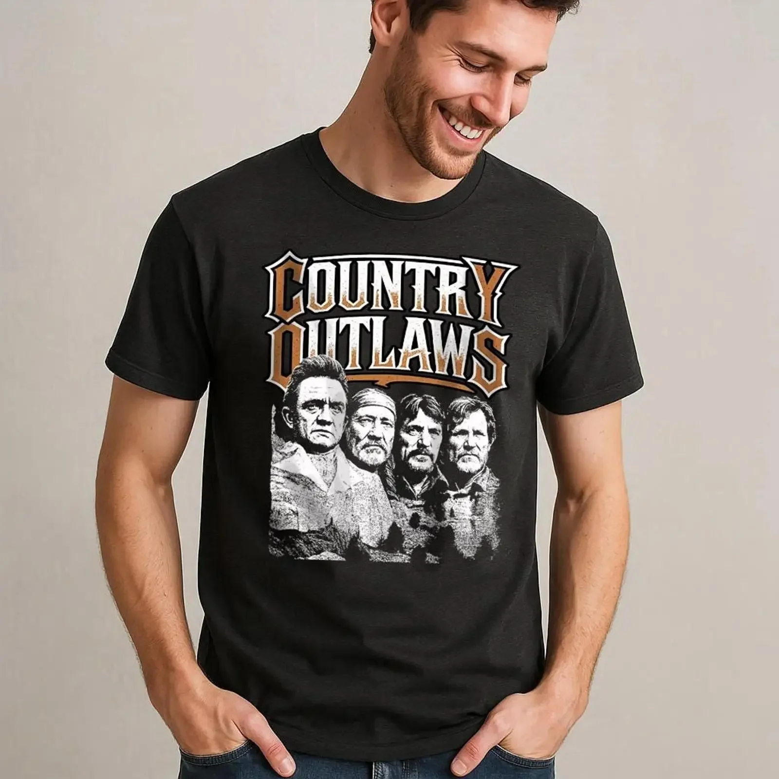 Country Outlaws T-Shirt Vintage-Musik-T-Shirt Mount Rushmore Vintage gewaschene Designerkleidung für Herren Vielseitiges Unisex-Modell mit weicher Grafik