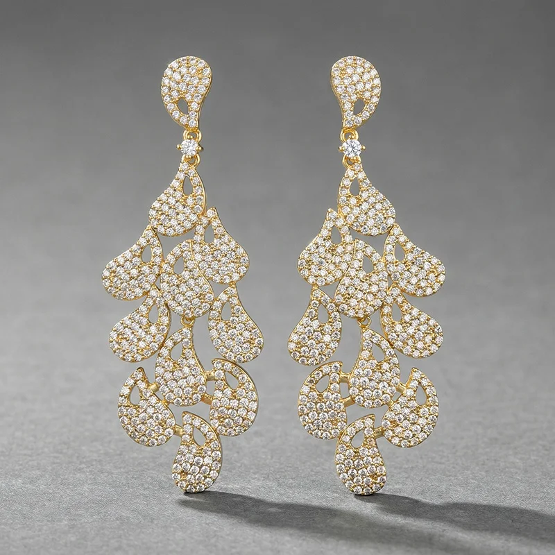 

Элегантные позолоченные многоярусные серьги-капли с блестящими кристаллами CZ и узором пейсли, висячие серьги для вечеринок и выпускных вечеров