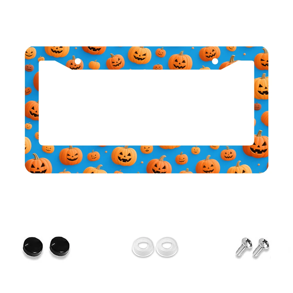 

1pc Blue and Orange Pumpkin Pattern 2 Hole License Plate Frame, Aluminum Material, 6x12 Inches with Screw Set, Retro Novelty Ca