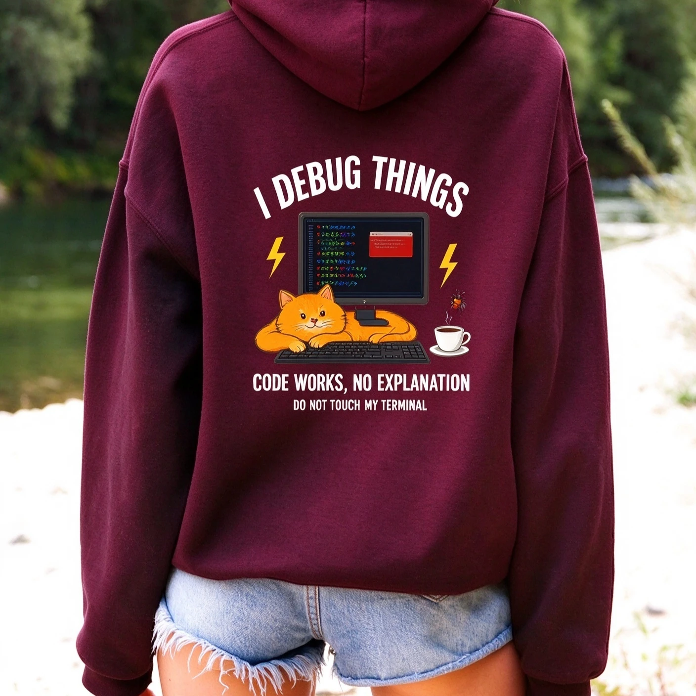I Debug Things Hoodie Funny Coding Cat Back Print Pullover Debugging Humor Developer Gift Tech Joke Casual Streetwear Top
