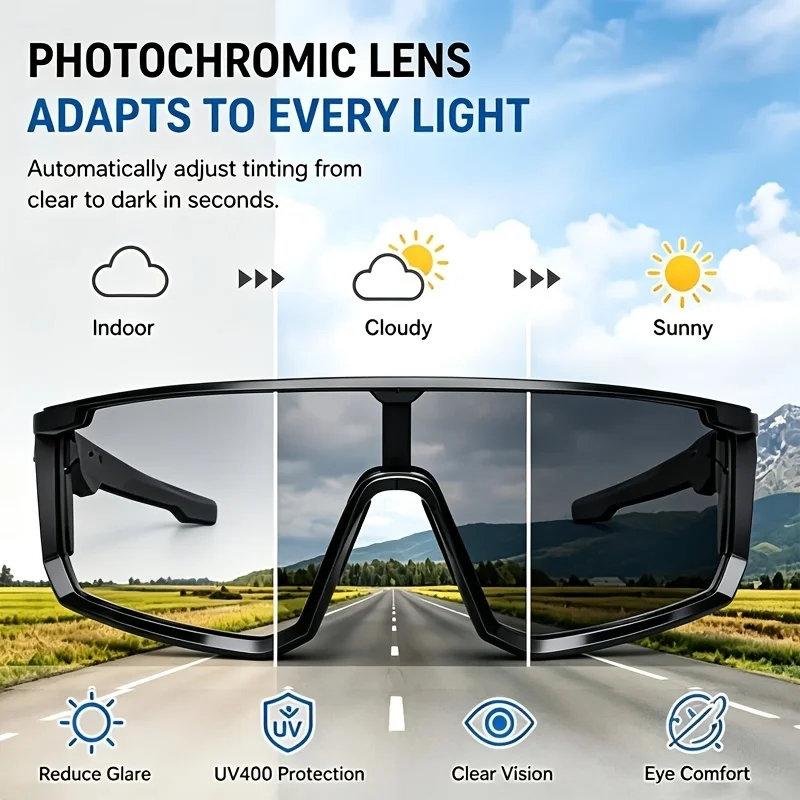 Multi‑Purpose Smart Protective Glasses, AI Real‑Time Translation Support 160 Languages, Photochromic Lens, Built‑in Microphone & Speaker for Music Playback, Fit for Sports Work Daily Use