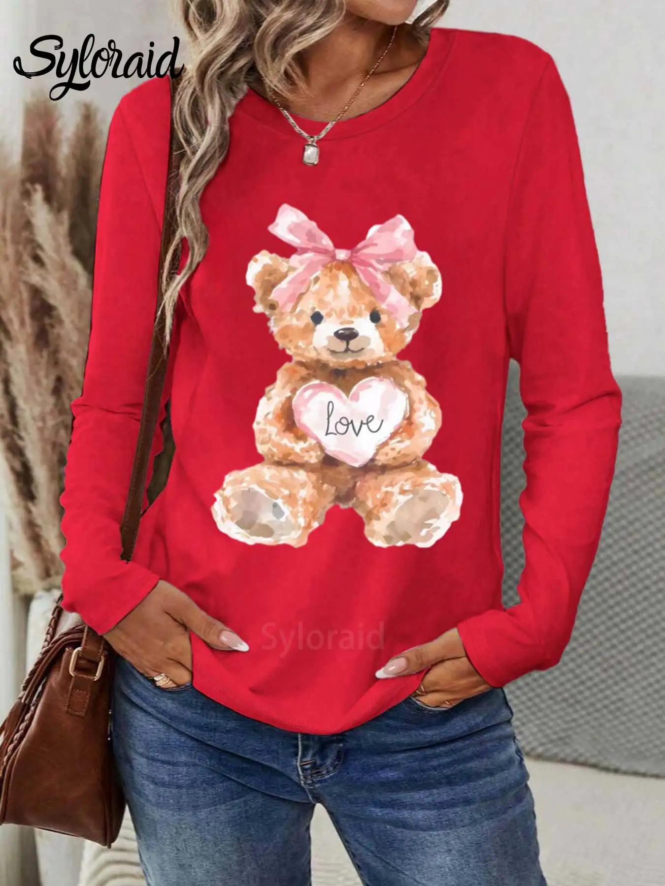 여성용 긴 소매 티셔츠 발렌타인 데이 핑크 러브 베어 프린트 티셔츠 패션 라운드 넥 캐주얼 탑
