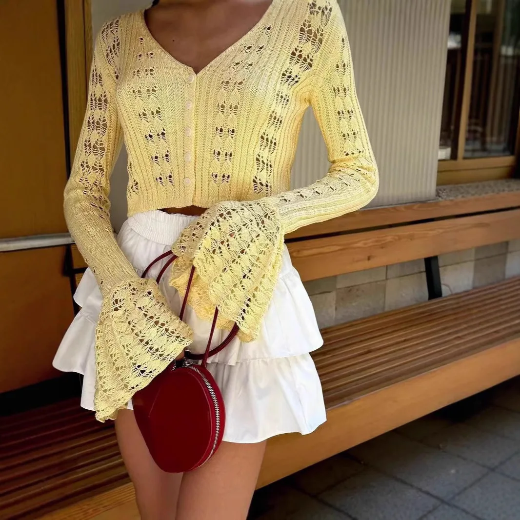 

Women Hollow Knitted Cardigan Top Fashion Chic Long Sleeve V-neck Short Sweater Female Summer Casual Outwear Crochet Blouses