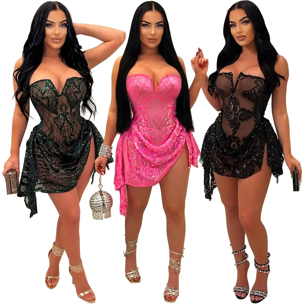 

Women Strapless V-neck Fashion Sequined Sexy Dress Mesh See Through 2025 Summer Night Club Evening Party Mini Dresses