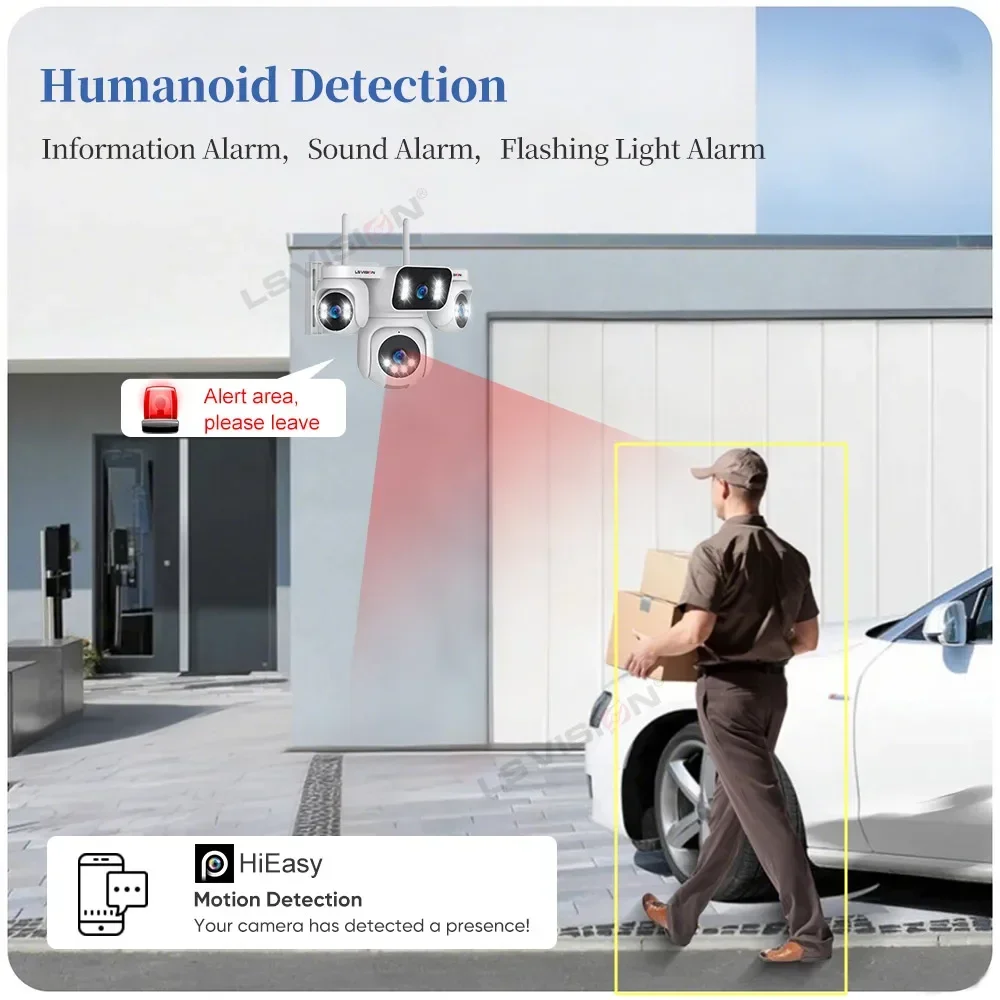 LS VISION 10K AOV 4G Cloud SIM Solar Camera Four Screens Outdoor 12X Optical Zoom Battery Solar Security Camera 24/7 Recording