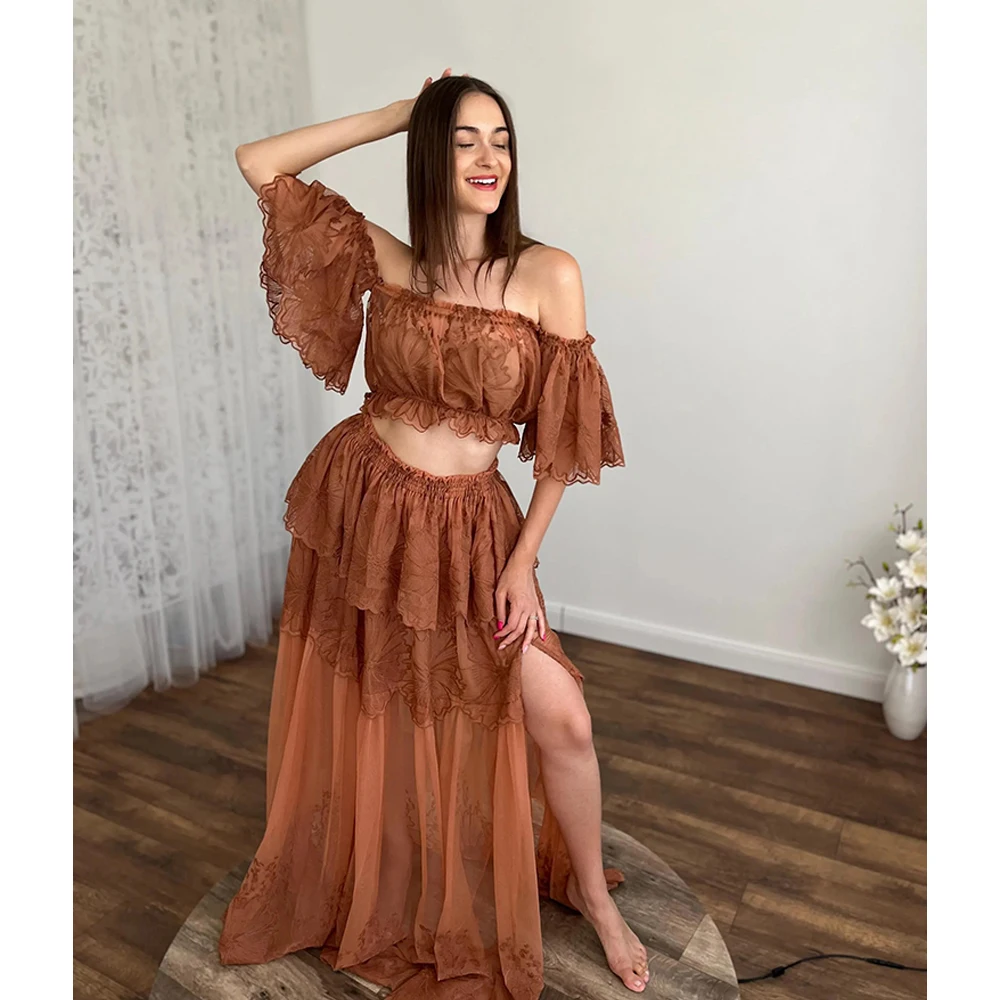 

Elegant Off Shoulder Maternity Dress 2-Piece Set For Baby Shower Photo Shoot, Lace Embroidery Gown For Woman's,Pregnancy Clothes