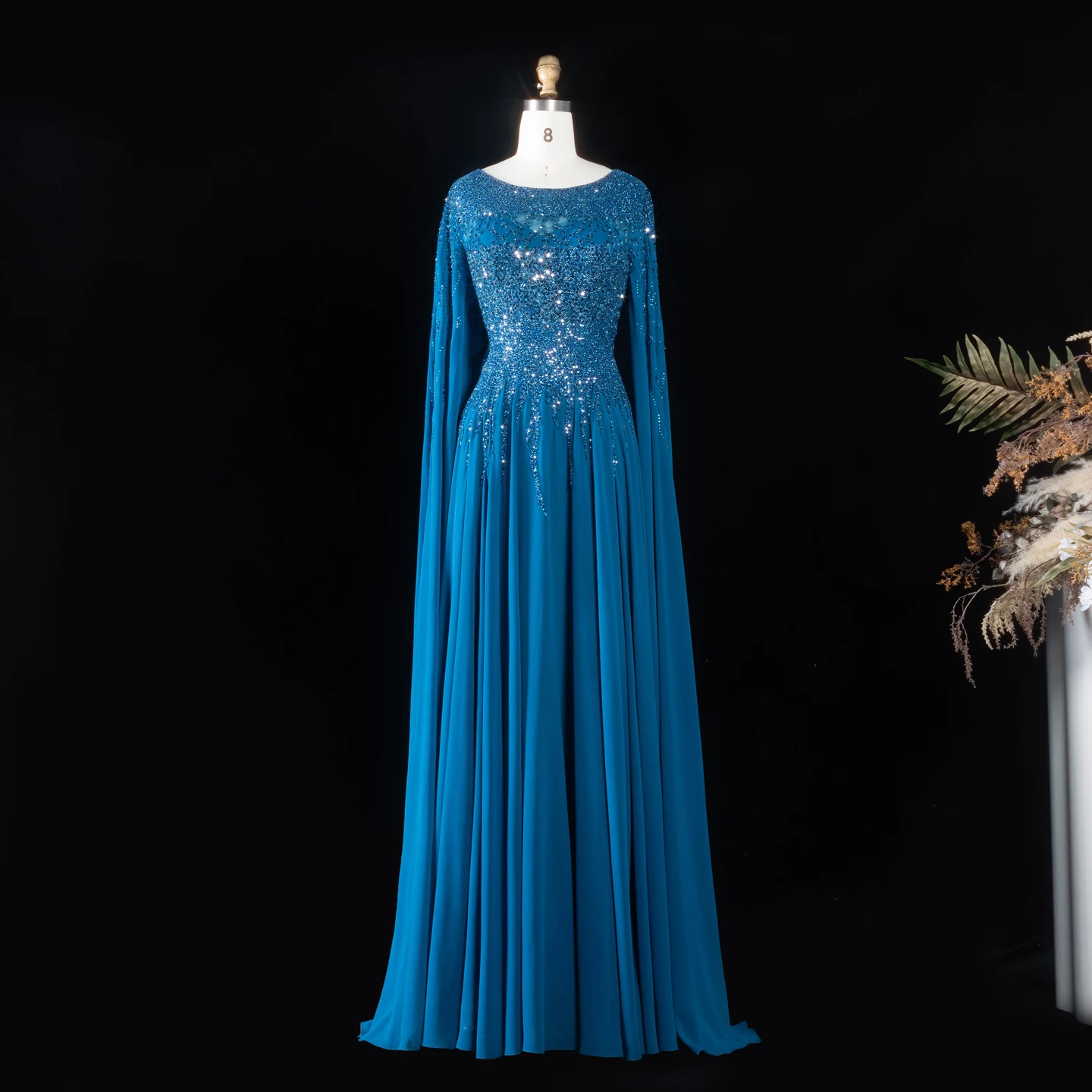 Sharon Said Abendkleid Luxuriöses A-Linien-Kleid mit Pailletten, Cape-Ärmeln und Perlen für Hochzeit, Abschlussball, Dubai, formelle Party, Ballkleid SS105, maßgeschneidert – Detail 7