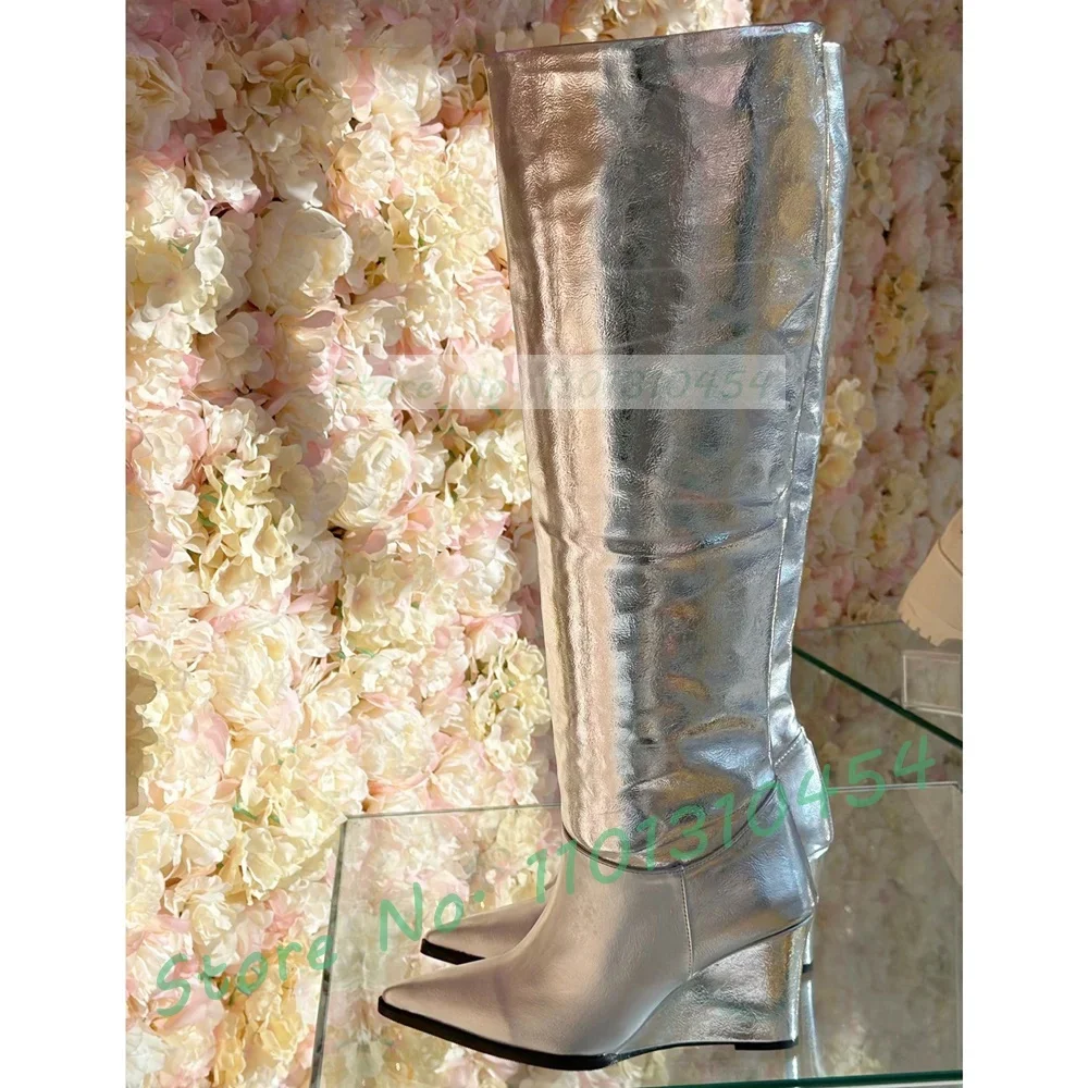 Metallic Wedges Long Boots Women Glossy Pointy Toe Gold White High Top Boots Ladies High Heels Winter Streetwear Dress Shoes image 5