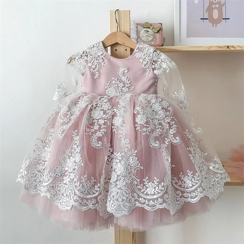 Baby Pink Dress Toddler Girl Party Formal Dress Newborn Princess Lace Bow Gown Girl Communion Dress Wedding Dress Free Hairclips