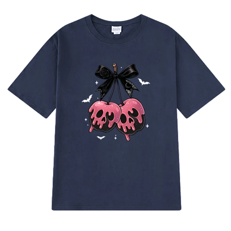 Camiseta Gótica de Halloween con estampado de esqueleto de cereza camiseta retro femenina