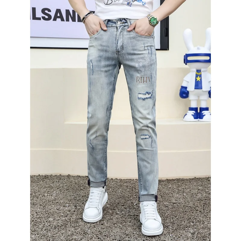2024 light luxury high-end fashion trend hot stamping hot diamond casual jeans men's light blue slim small leg pants