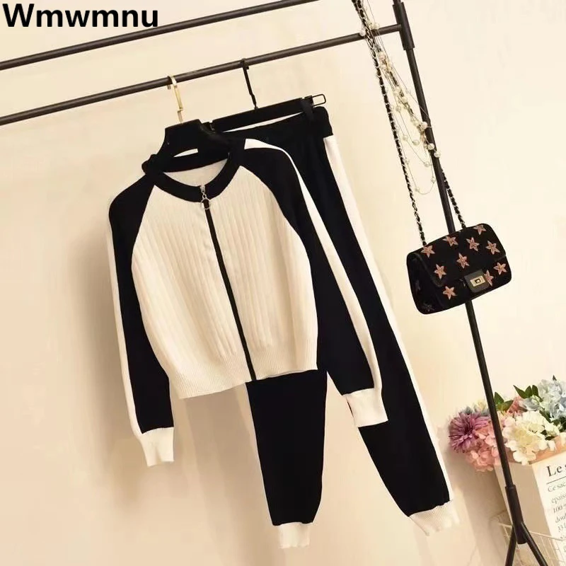 

Fashion Patchwork Knitted Conjuntos O Neck Zipper Cardigan + High Waist Ankle-length Knit Jogger Pants Casual Womens 2 Piece Set