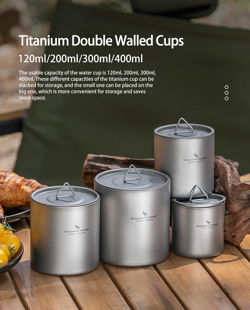 Boundless Voyage Titanium doppelwandiger Becher, ultraleicht, stapelbar, Tee-Trinkgeschirr, tragbar, für Outdoor-Camping, täglich verwendet – Detail 3