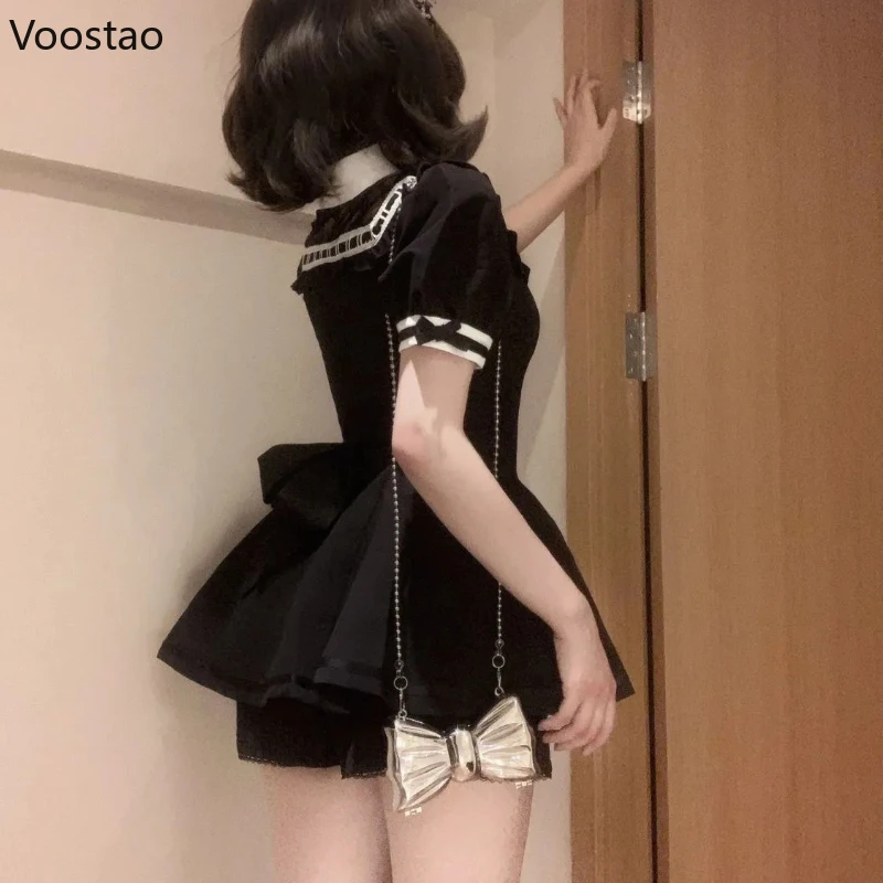 Japanese Gothic Lolita Style Two Piece Set Women Y2k Bow Puff Sleeve Slim Tops Black Shorts Suit Female Korean Elegant Outfits