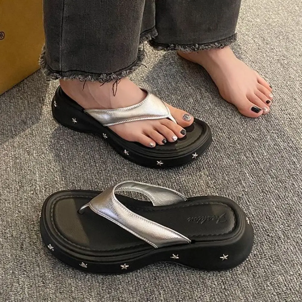 Solid Color Y2K Platform Flip Flops Soft EVA Wedges Thong Sandals Non-Slip Toe Spring Beach Slippers Women Women image 5