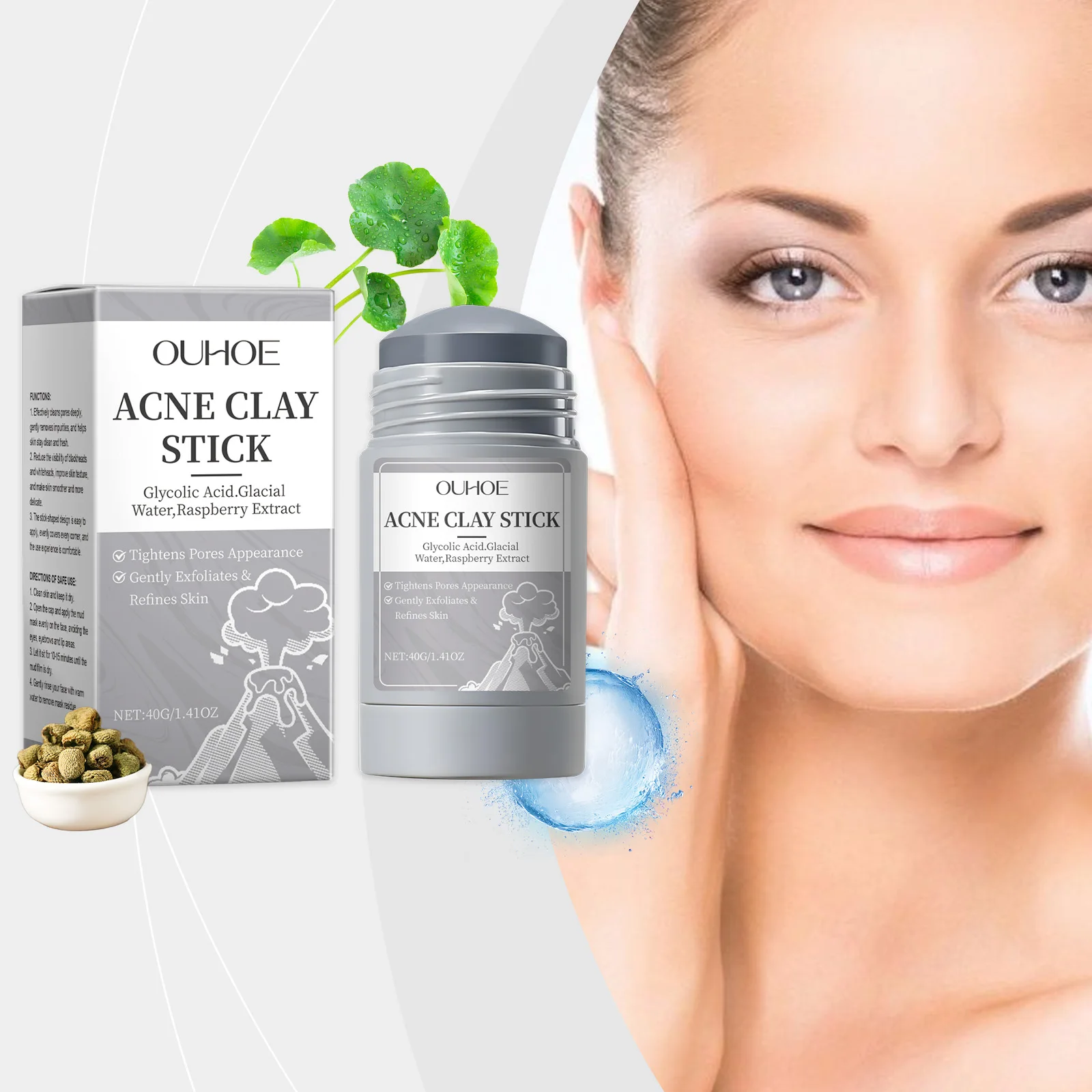 ACNE CLAY STICK - Glycolic Acid & Raspberry Extract Face Exfoliator for Pore Tightening, Blackhead Removal, Oil Control