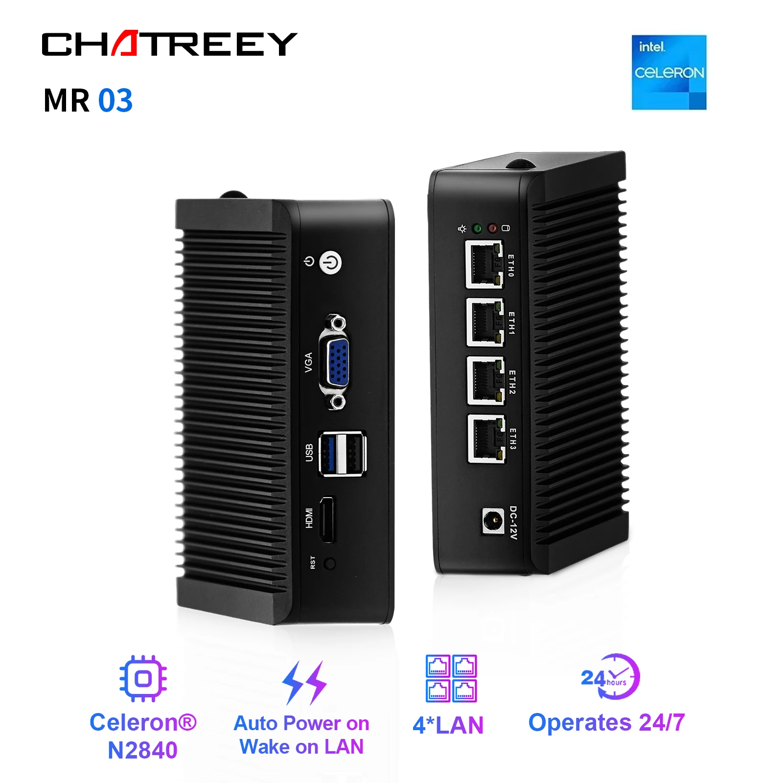 Mini PC industriale senza ventola Chatreey Intel N2840 MR03 Computer desktop Win 10 Pro con 4 * Intel LAN i225, 1 COM, 2 USB per Linux