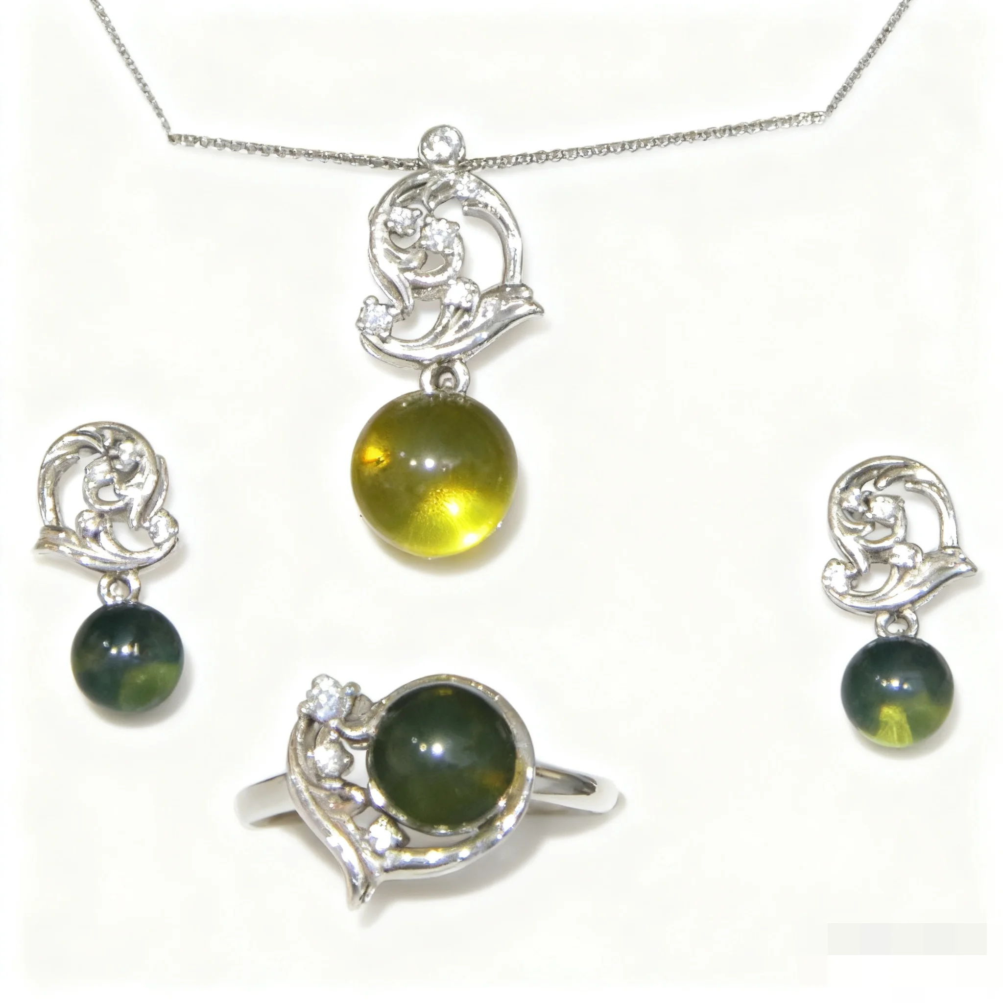 

Sterling Silver Blue Amber Jewelry Set Heart Design Necklace Earring Ring Luxury Gift For Women