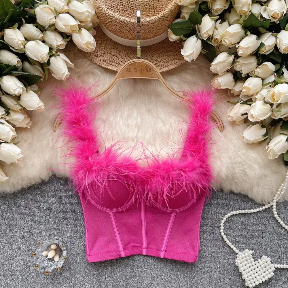 Seksowne podkoszulki z piórami Top Vintage gorset gorset koreański Camis Chic krótki top lato podstawowe kobiety Party Hotsweet Top Y2k