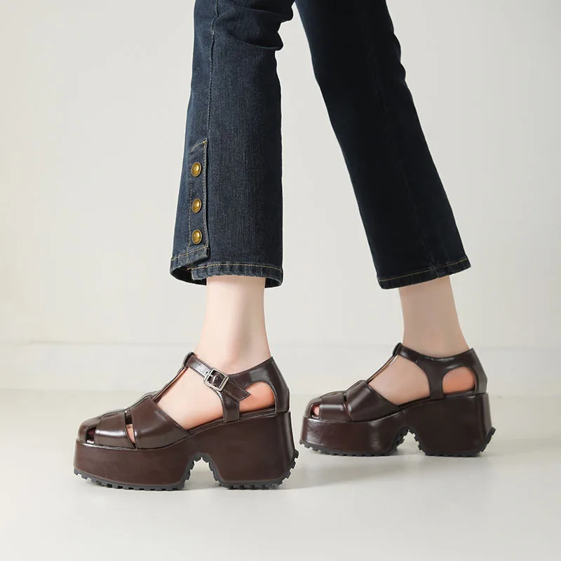 

2024 Summer Punk Hollow Out Sandals Ladies Buckle Strap Thick Bottom Sole High Heels Platform New Party Women Shoes Dark Brown