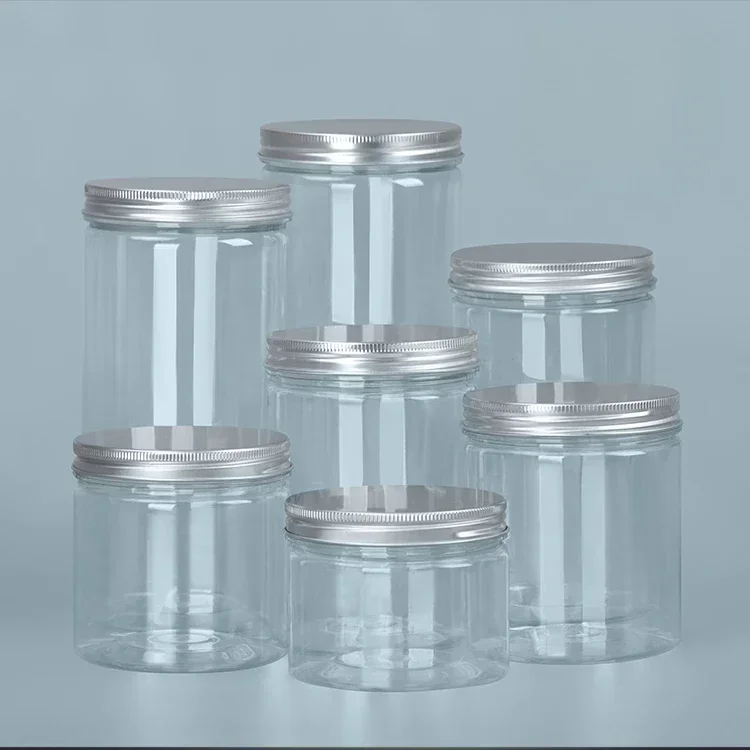 10pcs Aluminum Silver Lid Sealed Jar Food Grade Transparent PET Empty Plastic Bottle Snack Candy Biscuit Storage Packing Bucket