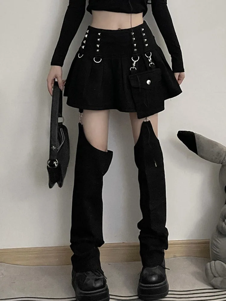 Harajuku Dark Style Pants High Waist Removable Hollow Out Design Detachable Women's Skirt Trouser Rivet Pleated Black Denim Pant