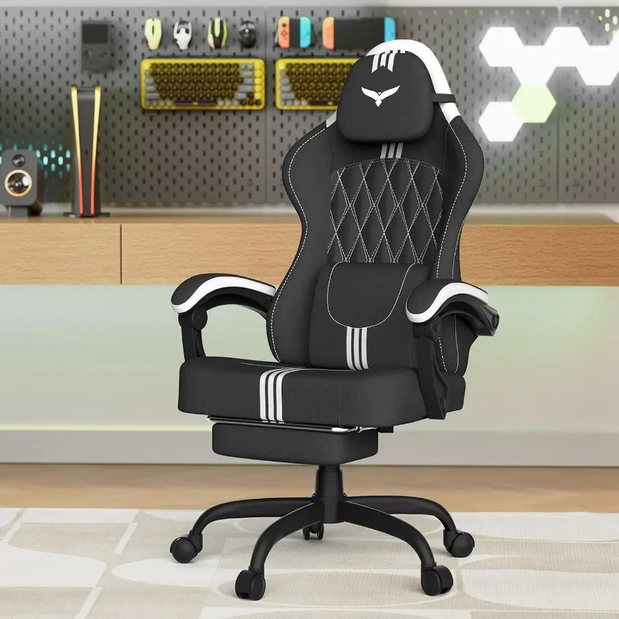 Ergonomic office chair for home and gaming use, linen fabric in beige, pocket spring cushion with wide 20 seat, adjustable head